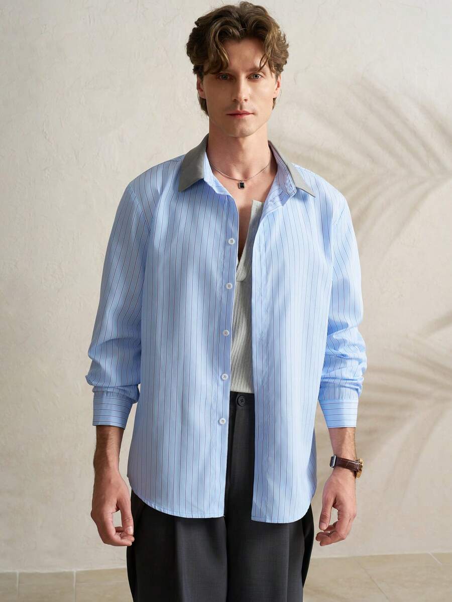 TONEVAULT Men's Contrast Color Striped Long Sleeve Shirt - Blue - View 1