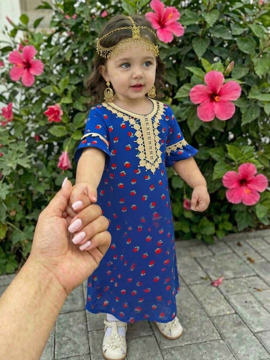 Middle Eastern Style Gold Lace Trim Loose Long Sleeve Dress,Blue Floral,Summer,Boho,Birthday - Blue - View 1