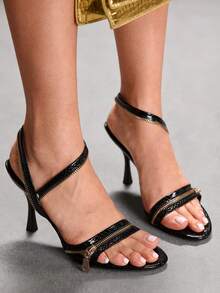 CUCCOO SZL 女士时尚黑色拉链高跟凉鞋，适合派对穿着 - 黑色 - 查看 3