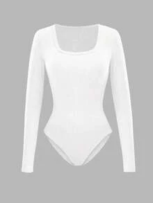 Women's Solid Color Minimalist Long Sleeve Bodysuit, Everyday Wear - White - View 4