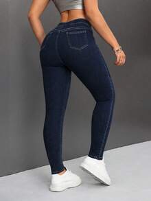 SHEIN PETITE 女士简约休闲纯色弹力修身牛仔裤 - 深色水洗藍 - 查看 2