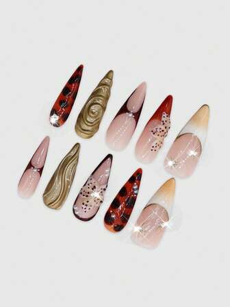 J-Fashion 10 Stücke geschnitzte, handbemalte Fake Nägel + 3 Stücke doppelseitiges Klebeband, Y2K hochwertige glänzende Leopard Muster Aufkleber, abnehmbare lange mandelförmige Tragenägel, geeignet für Feierlichkeiten, Proms und den täglichen Gebrauch.