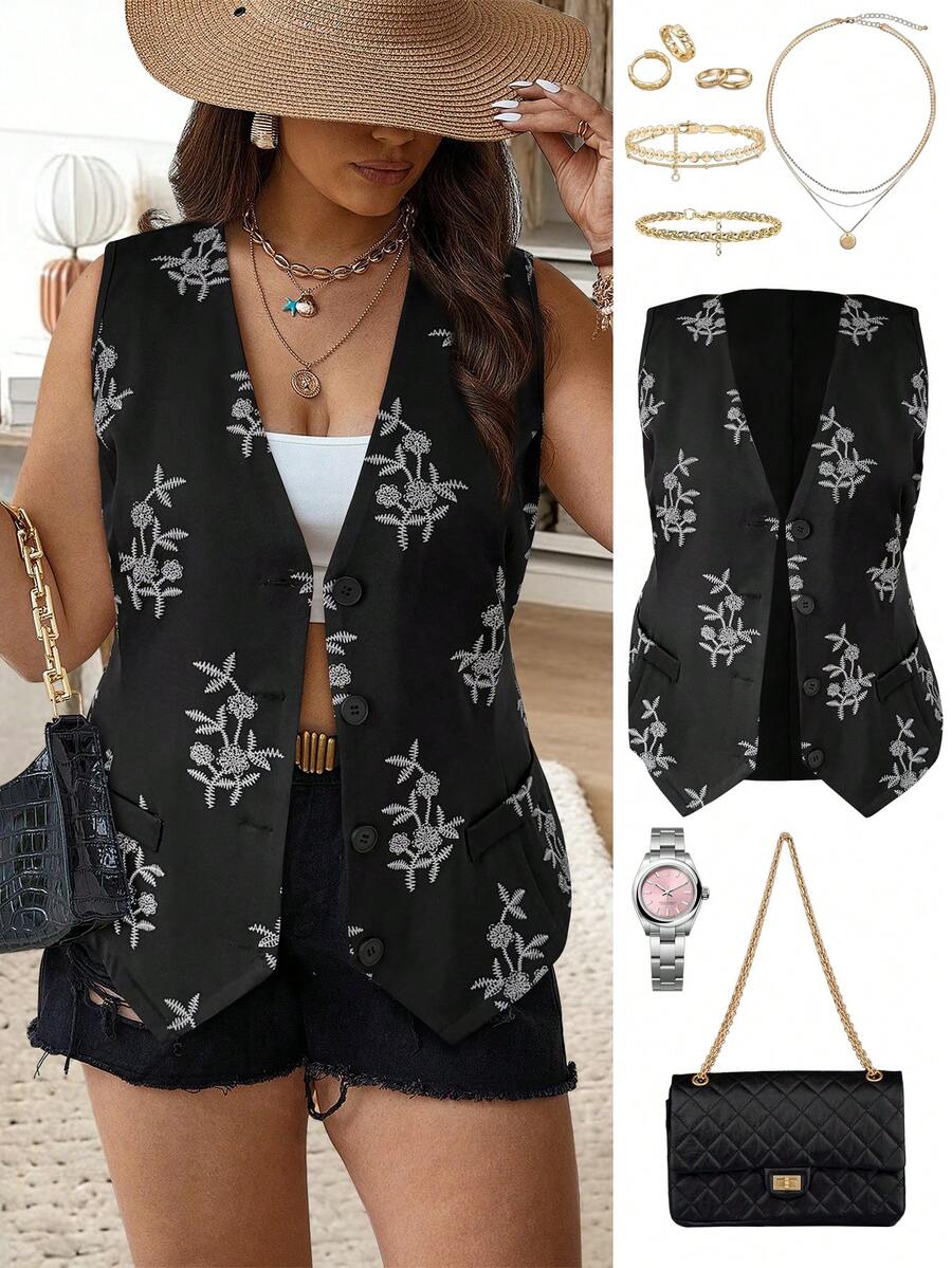 Ceyna 大码女式法式休闲优雅刺绣印花无袖薄款西装外套 女式夏季背心 女式背心 女式刺绣背心 女式背心搭配短裤 花卉刺绣背心 女式度假套装 女式夏季服装 女式夏季套装 女装套装 最新女装 女装套装 - 黑色 - 查看 1
