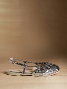 Rosivie 女士平底凉鞋，金色编织带闭趾平底鞋 - 菸灰色 - 查看 2