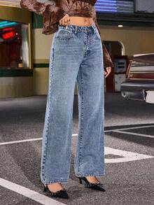 SHEIN PETITE Women's Loose Casual Versatile Straight Leg Jeans With Pockets - Light Wash - View 5