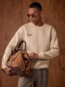 AKNOTIC Business Casual 男士休闲日常通勤简约字母印花圆领卫衣，春秋季 - 卡其色 - 查看 1