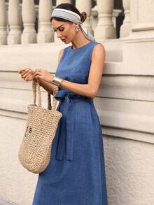 Editum Women's Sleeveless Round Neck Waist Cinched Textured Denim Blue Belted A-Line Elegant Everyday Casual Dress, Spring/Summer Spring Dress Women Features A Belted Waist, Pockets, Solid Blue Textured Fabric, And Is A Long Spring/Summer Dress. - Blue - View 10