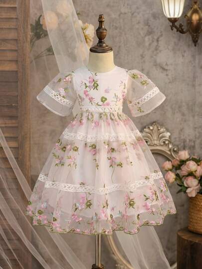 Young Girl Elegant & Cute Floral Embroidered Mesh Ruffle Trim Short Sleeve Dress