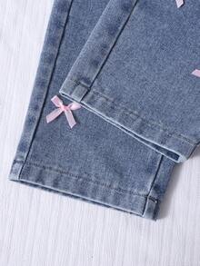 SHEIN Young Girl' Fashionable Cute Street Style Heart Embroidery Loose Fit Straight Leg Jeans - Blue - View 4