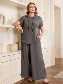 EMERY ROSE 2pcs Plus Size Women's Casual Hooded Short Sleeve Grey Top & Baggy Wide Leg Pants Set With Pockets,Summer Curve Loungewear,Comfortable 2 Pieces Outfit - Dark Grey - View 6