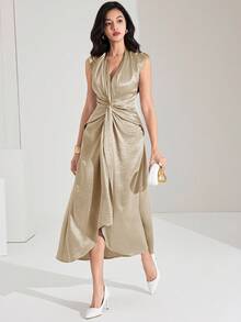 Heiryn Women's Elegant Solid Color Twist Knot Sleeveless Dress, Suitable For Commuting Satin Dress Silky Dress - Khaki - View 3