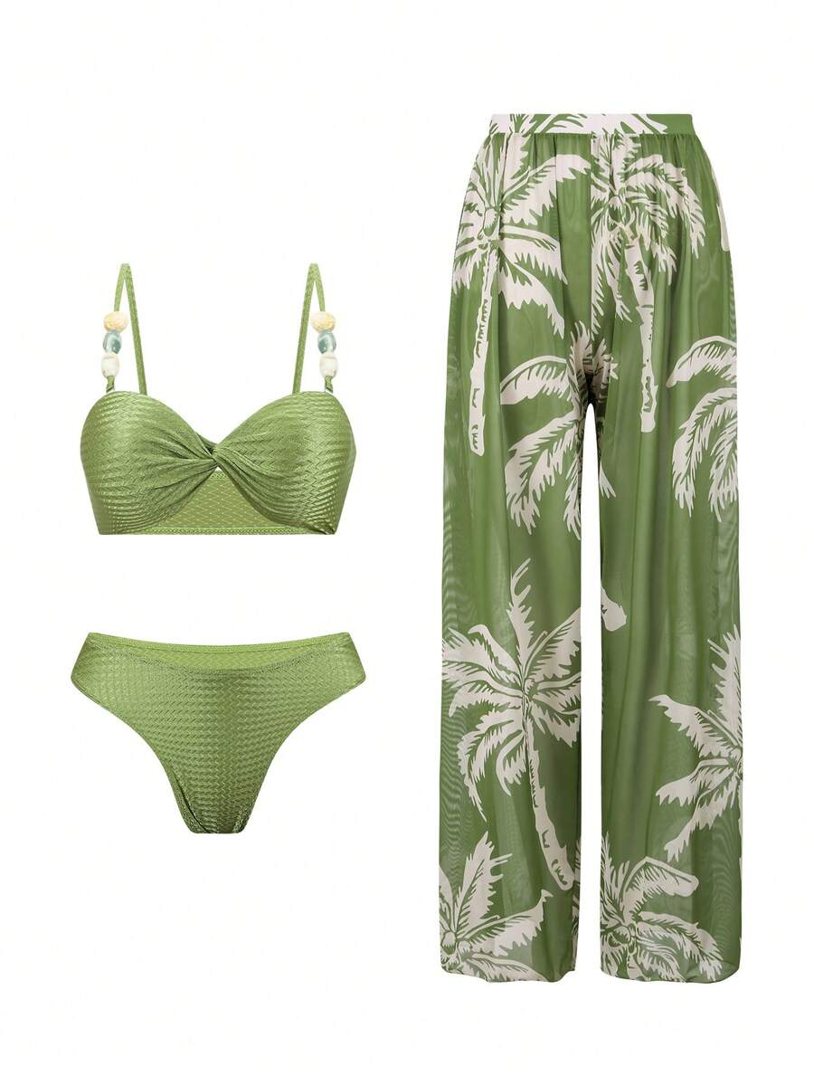 Swim Oasis 3pcs Women's Swimwear Bikinis Swim Pants Coverups Summer Palm Tropical Prints All-Season Chic Outfit Essential For Parties, Dates Perfect For Music Festivals & Streetwear, Festival Fashion | Pool And Vacation | Lace Top, Women's Top, Women's Swimwear - Green - View 1