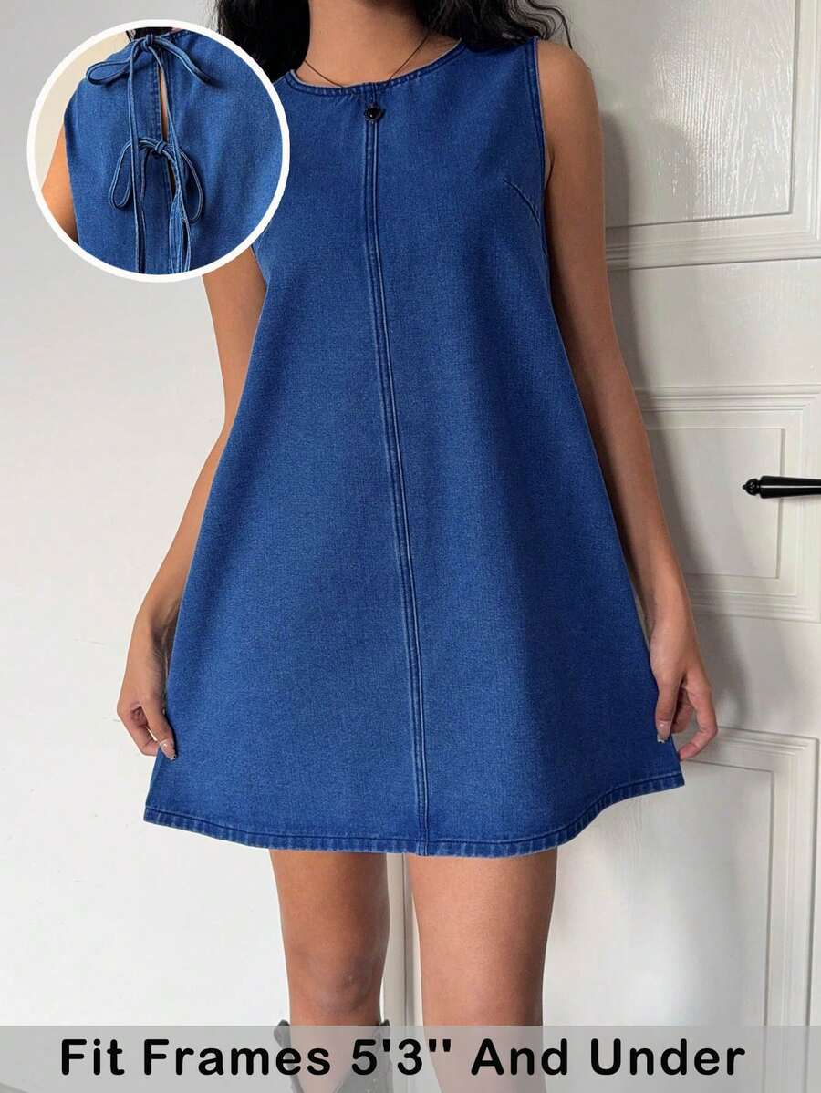 SHEIN ICON 女士休闲宽松无袖迷你牛仔连衣裙，蓝色 - 淺色水洗藍 - 查看 1