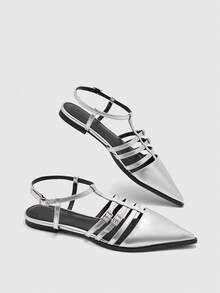 CUCCOO BIZCHIC Women's Pointed Toe Buckle Design Casual Fashionable Flat Shoes - Silver - View 6