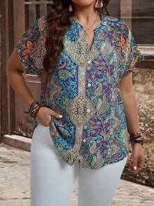 EMERY ROSE Plus Size Women's Blue Bohemian Style Printed Button Embellished Short Sleeve Shirt For Summer,Boho,Vacation,Spring Summer Tops Button Down Blouse - Multicolor - View 5