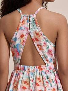 Young Girl Elegant Minimalist Halter Floral Print Sleeveless Dress - Baby Pink - View 8