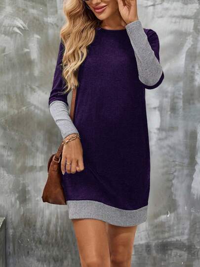 SHEIN Contrast Color Trim Round Neck Casual Versatile Long Sleeve Dress