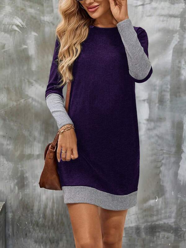 SHEIN Contrast Color Trim Round Neck Casual Versatile Long Sleeve Dress Sweater Dresses For Women Jumper Dress For Women Casual Dress For Women Autumn Winter Dress For Women Purple Dress For Women