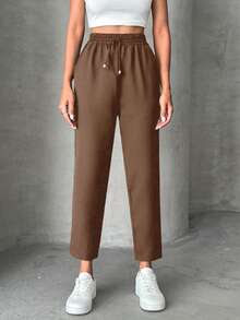 SHEIN PETITE Petite Pants With Drawstring, Slanted Pockets - Brown - View 5