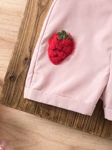 SHEIN 女婴可爱百搭休闲粉色草莓图案背带短裤 - 彩色 - 查看 5