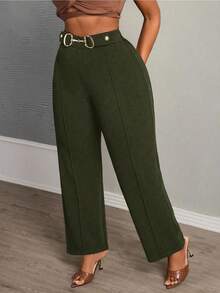 SHEIN Slayr 优雅通勤、派对、约会皆宜的修身纯黑色腰部金属装饰纽扣超长直筒裤，女士加大码，春秋季款 - 軍綠色 - 查看 4