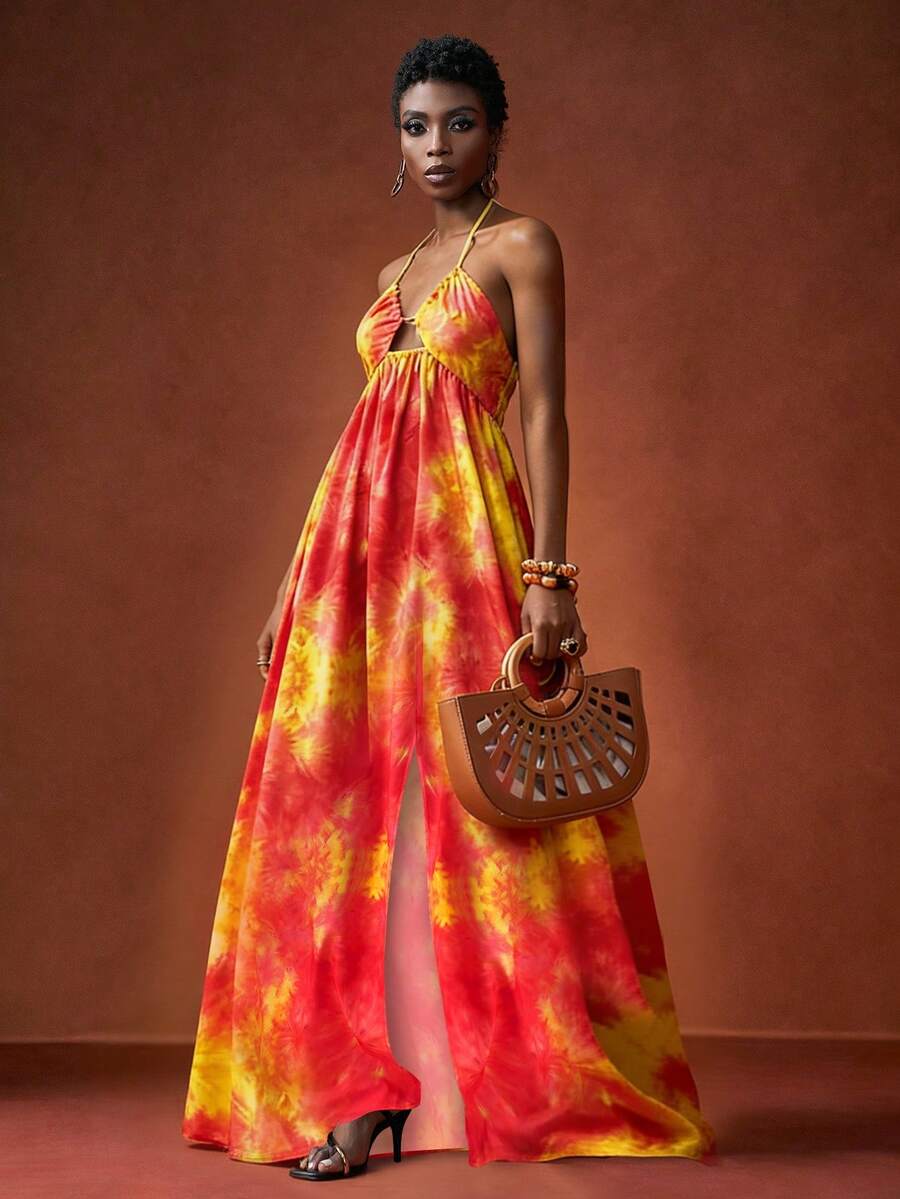 Zivah 2026春夏新款音乐节、复活节、圣帕特里克节、情人节、约会、西部风、游牧风、生日派对、毕业典礼、大学、学生、日常穿着、百搭基础款、休闲、度假、邮轮旅行、海滩、日光浴、热门款、街头风、婚礼宾客波西米亚风、通勤、早午餐、机场、派对、假日郊游、办公室着装、吊带A字长款扎染印花粉黄侧开衩连衣裙 - 粉色 - 查看 1