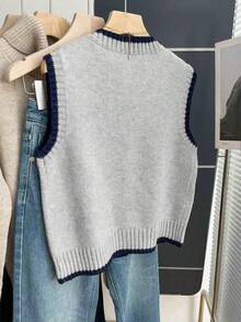 Franclia Áo vest len nữ kiểu Pháp cổ tròn dáng rộng không tay, viền tương phản, thích hợp cho mùa thu/đông. - Màu Xám nhạt - Xem 2