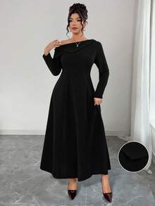 Elenzga Rochie de seară cu guler înalt, mânecă lungă, model A, tiv tip coadă de pește, tricotată moale, mărime plus, pentru ieșiri, petreceri, întâlniri și naveta - Negru - Vizualizare 3