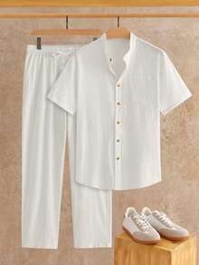 HIMLAND Men's Casual Notch Collar Short Sleeve Shirt And Drawstring Waist Long Pants Set, Spring/Summer/Autumn Multi-Piece Set  Daily Essential Wardrobe Staple Basic Style All-Match Style Go-To Piece Mix-And-Match Item Casual Versatile Style  Daily Essential Wardrobe Staple Basic Style All-Match Style Go-To Piece Mix-And-Match Item Casual Versatile Style  Beach Outfit  Summer Wardrobe Essentials Casual Outfit Ideas Laid-Back Look - White - View 9