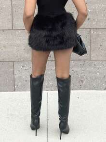 Alexandranx Faux Fur Fluffy Skirt Party Ibiza Fits Summer Boho Ibiza, Holiday, Club Fall Autumn Winter Day Of The Dead Thanksgiving Occasion - Black - View 2