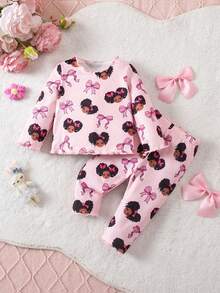 SHEIN Newborn Baby Girl Outfit With Bow, Graphic Patchwork, Casual Style - Multicolor - View 5