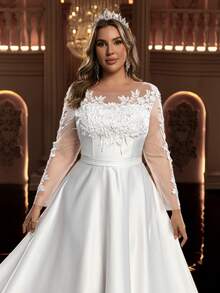 Glamrae Vestido de Noiva Elegante, Romântico e Luxuoso de Manga Longa com Ombro Único, Transparente, com Aplicações Decorativas em Cetim e Tule, Modelo A-Line (Design Muito Ornamentado), Plus Size - Branco - Visão 2