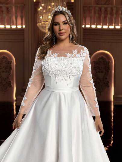 Glamrae Plus Size Elegant Romantic Luxurious White One-Shoulder Long Sleeve Sheer Applique Decor Satin & Mesh A-Line Wedding Dress (Heavily Embellished Design) White Gown For Women Bridal Gown Long Sleeve Wedding Dress Modest Church Dress