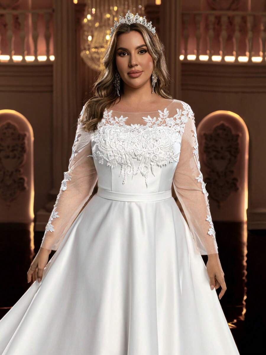 Glamrae Vestido de Noiva Elegante, Romântico e Luxuoso de Manga Longa com Ombro Único, Transparente, com Aplicações Decorativas em Cetim e Tule, Modelo A-Line (Design Muito Ornamentado), Plus Size