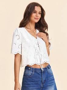 Coeurva 女士休闲提花蕾丝面料衬衫，白色女式上衣 - 白色 - 查看 5