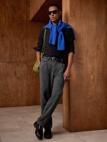 AKNOTIC Business Casual 男士梭织休闲宽松直筒裤，时尚日常百褶裤，男士百褶西装裤，男士针织裤，灰色男士长裤 - 黑色 - 查看 7
