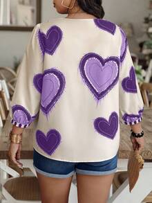 Weeklong Áo thun tay lửng 3/4 cổ chữ V in họa tiết ngẫu nhiên, cỡ lớn, đa năng. - Màu tím - Xem 2