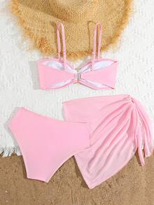 SHEIN Teen Girls Bikini Sets,Pink Mesh Knitted Strapless Top,3 Piece Bathing Suit With Sarong Skirt Triangle Pants,Elegant Summer Beach Vacation Holiday - Pink - View 2