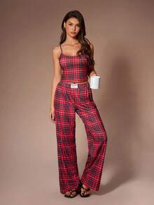 Lazeform Red Plaid Suspender Pants, Relaxed And Casual Loungewear - Red - View 1