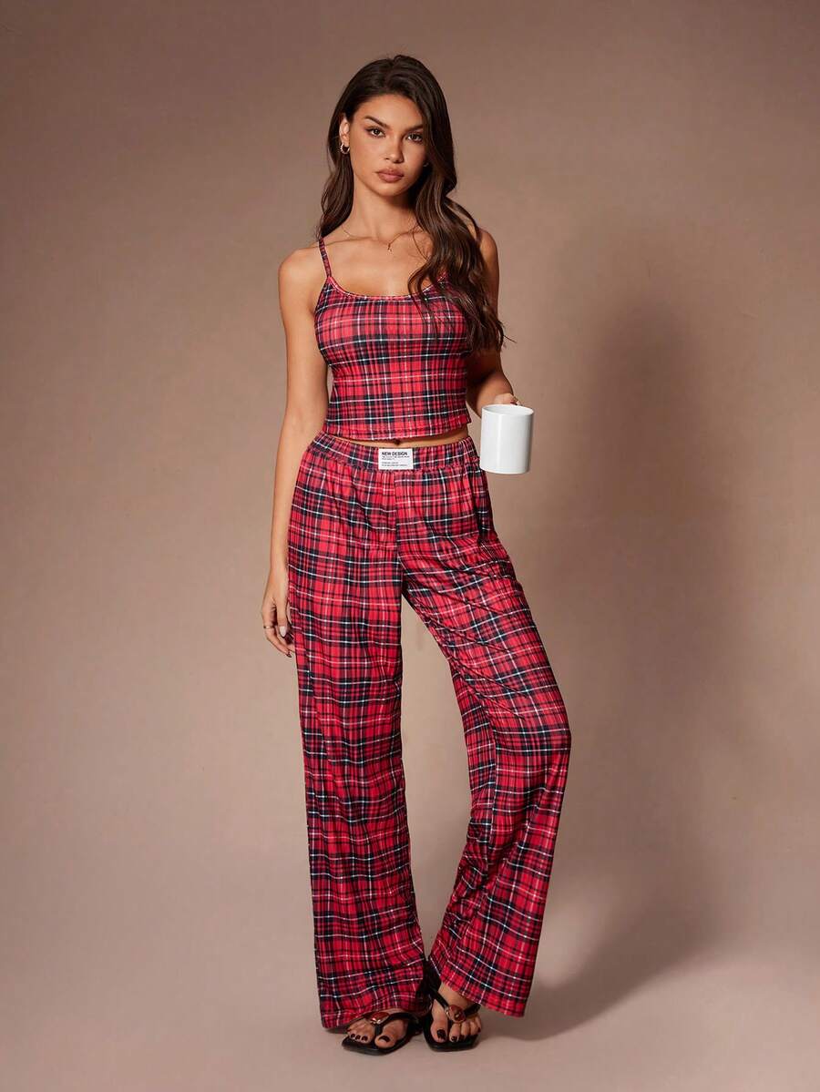 Lazeform Red Plaid Suspender Pants, Relaxed And Casual Loungewear - Red - View 1