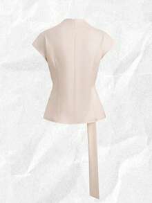 SHEIN Franclia Bộ 2 món dành cho nữ: Áo tay ngắn cổ cao xếp ly thắt eo + Chân váy ngắn xếp ly cạp chun, thích hợp cho mùa xuân, hè, thu, đông, thanh lịch, thường ngày và công sở. - Màu be - Xem 2