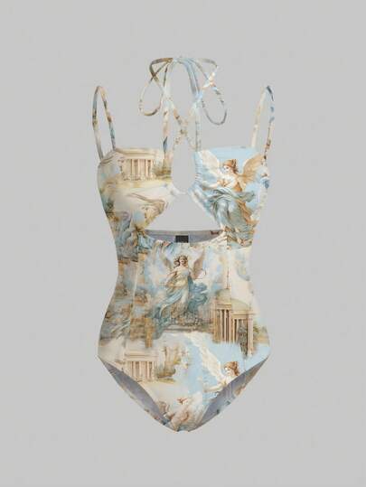 Y2Kool cha5rlie Valentine's Day Artist Boho Bohemian Women Vacation Plants Print Cut Out Halter Bodysuit, For Summer, Holiday, Beach, Festival, Ibiza Fits Gyaru Graphic Bodysuit Party Bodysuit