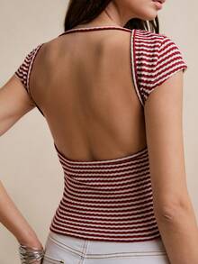 Poéselle 女士条纹罗纹针织T恤，红白条纹，Y2K时尚，休闲沙滩装，条纹圆领短袖修身休闲百搭T恤 - 彩色 - 查看 3