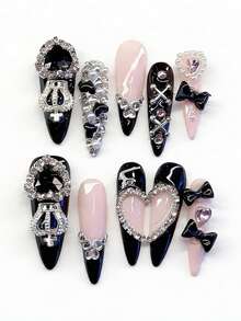 ROMWE Anime 10 Y2k Style Sweet Love Bow Fake Nail Pieces And A Piece Of Double-Sided Tape. - Multicolor - View 1