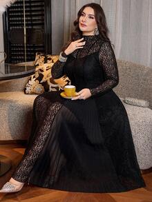 Modelyn Plus Size Women's Fashion Hollow-Out Long Sleeve Lace Round Neck Maxi Flare Hem Elegant Party Dress - Black - View 2