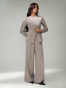 SHEIN Tall Women's Elegant Commuting Daily Versatile Street Fashion New Asymmetric Lapel Button Waist Long Sleeve Blazer And High Waist Long Pants Khaki Gray 2 Pieces Suit Set