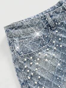 ROMWE MEN Street Life Men's Pearl & Diamond Crochet Fabric Loose Denim Shorts - Baby Blue - View 4