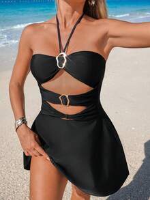 Swim Lushoire Women's Halter Tie Hollow Out Backless Swimsuit Set, Swimdress & Triangle Bottoms, Fashion Casual Vacation, Spring/Summer/Autumn/Winter - Black - View 1