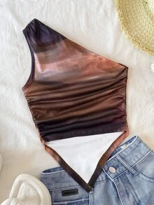 SHEIN Débardeur court asymétrique à une épaule en tricot avec imprimé tie-dye, pour l'été, pour préadolescentes - Tabac - Voir 2