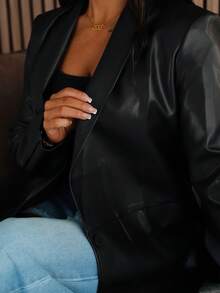 SAYEHFBABY 青果領單釦PU皮革西裝外套 - 黑色 - 查看 3